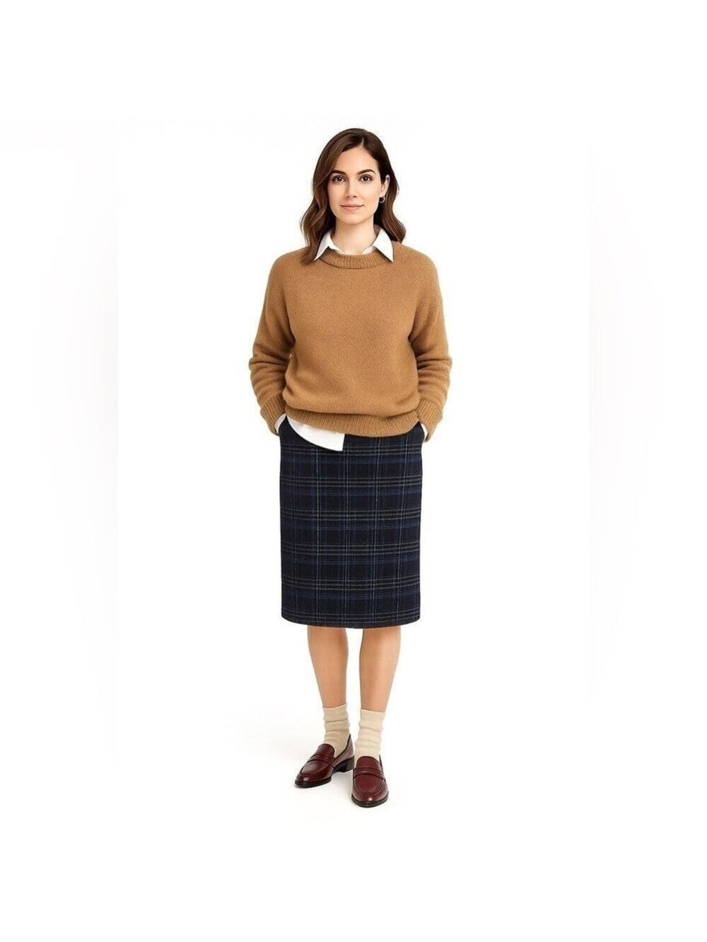 VINTAGE Navy Midi Pencil Skirt Windowpane Plaid Bouclé Pale Blue Taupe Cream M